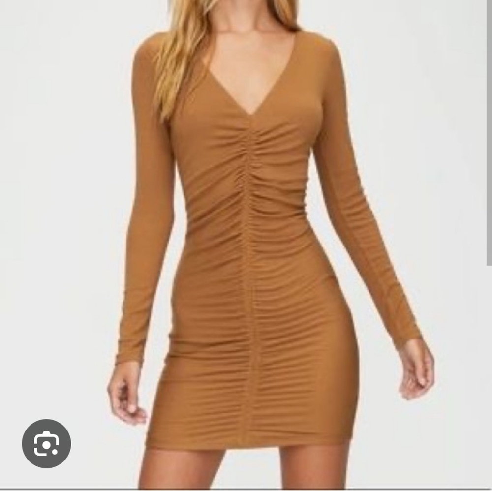 Sunday Best Tan Ruched Long Sleeve Dress Size L